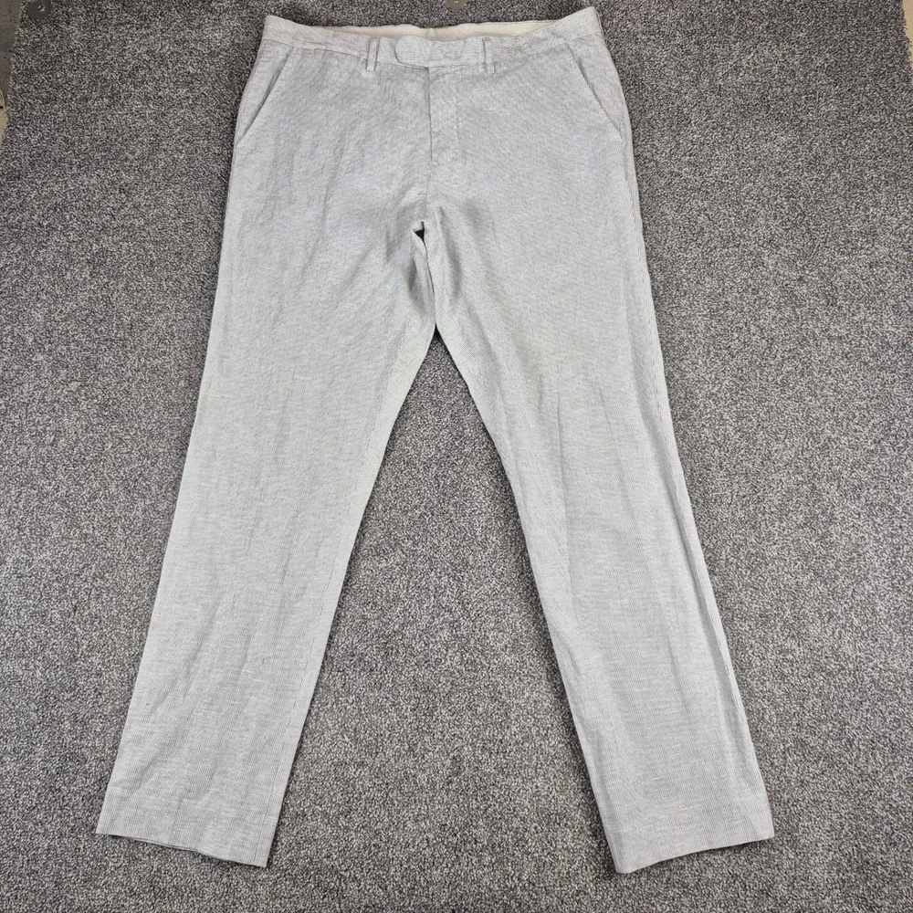 J.Crew Bowery Linen Cotton Pants Mens 34x32 Slim Fit White Black Pinstripe